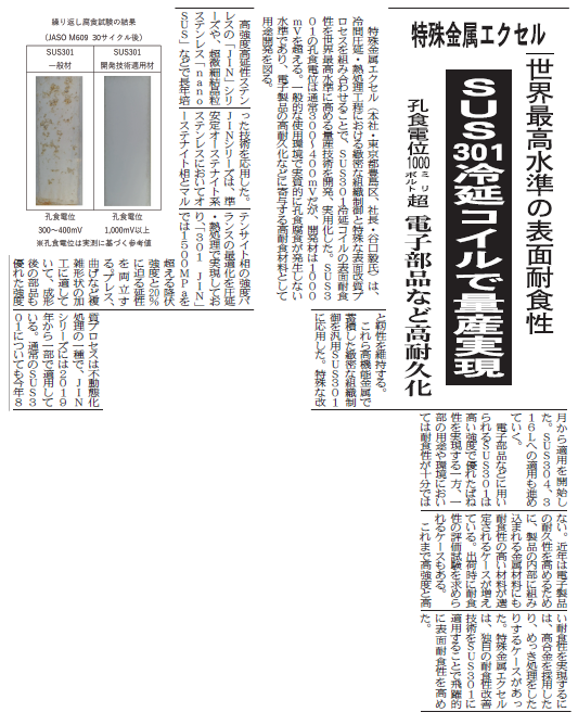 世界最高水準の表面耐食性『鉄鋼新聞』