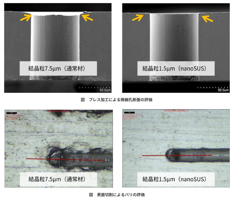 nanoSUSプレス断面と切削表面