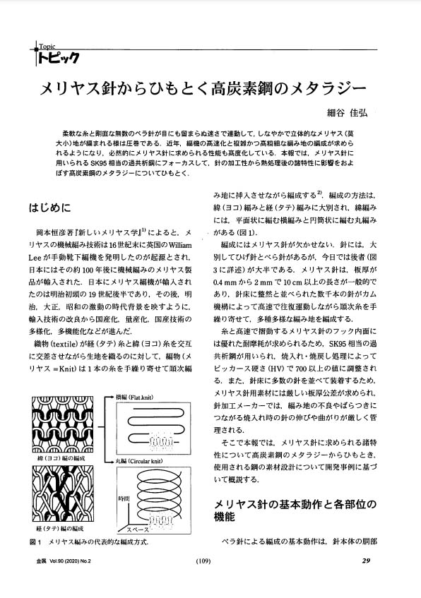 論文「メリヤス針からひもとく高炭素鋼のメタラジー」の表紙