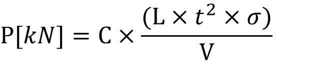 曲げ加圧力　P[kN]=c*(L*t^2*sigma)/V
