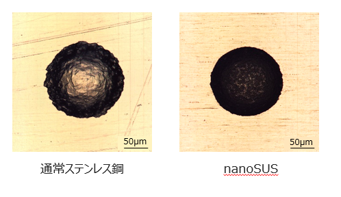 通常SUSとnanoSUSの丸穴ハーフエッチング性の比較